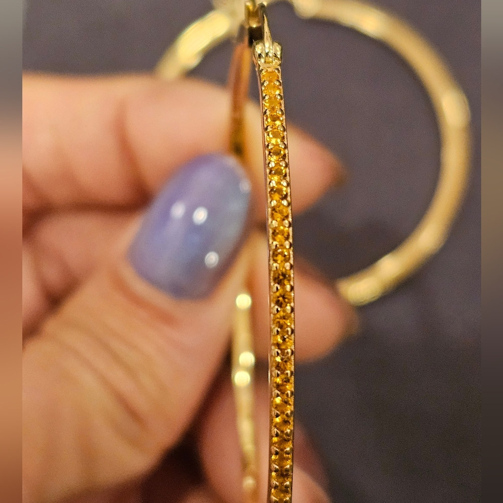 Citrine 2.25" hoop earrings set in 14k gold plated sterling silver. Hinged clasp - Picture 4 of 10